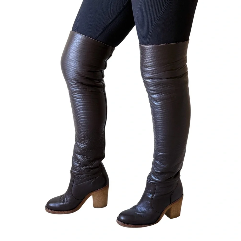 CHANEL Over The Knee Winter Boots Brown Sz 40